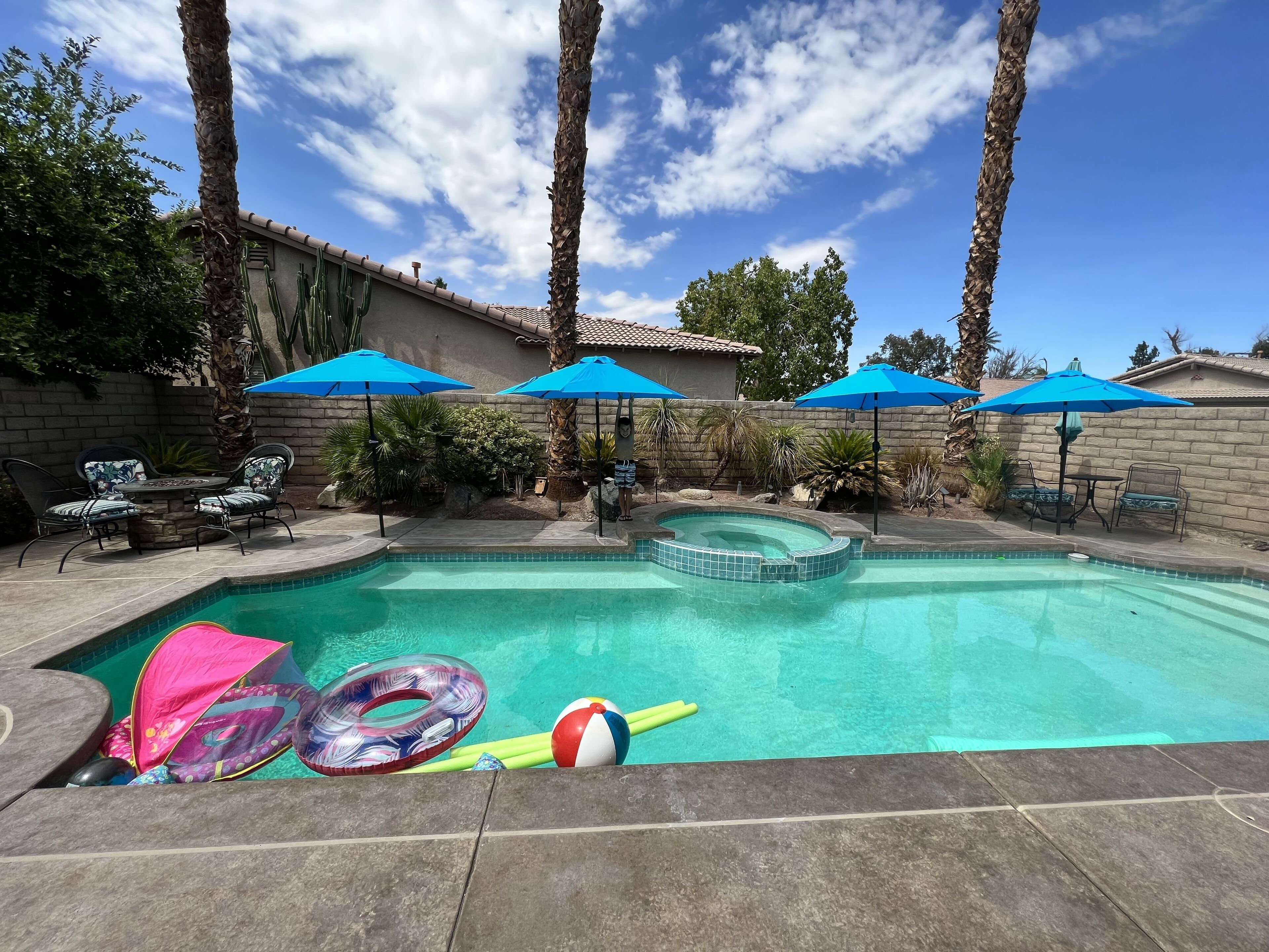 Un patio trasero con piscina, muebles de exterior y palmeras.