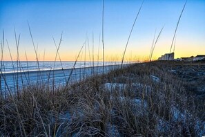 On the beach, sun loungers, beach towels