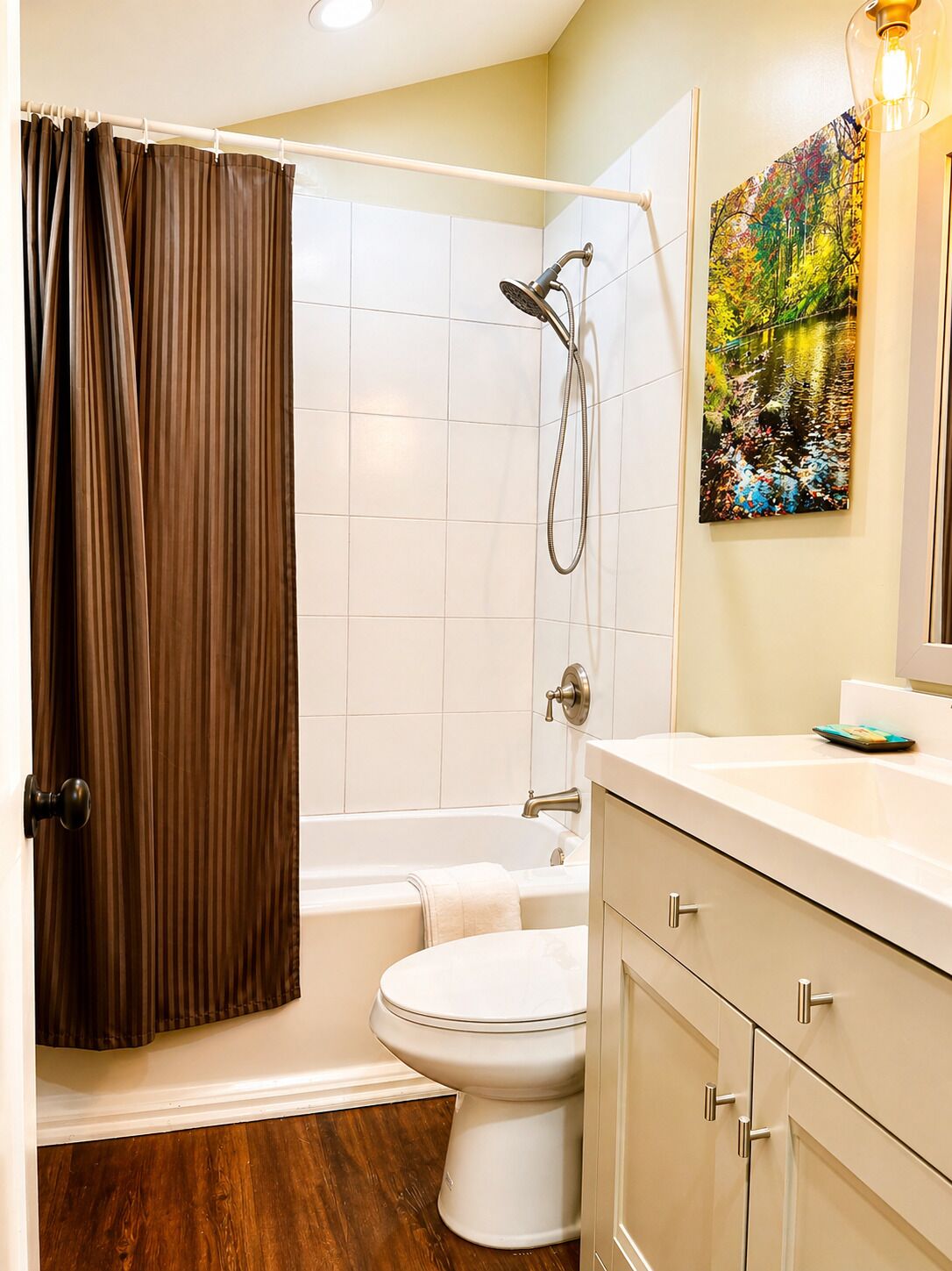 Tina con regadera, secadora de cabello, toallas, jabón 