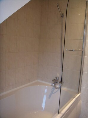 Bathtub, hair dryer, towels, toilet paper