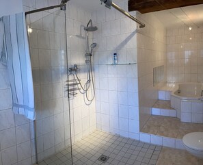 Bathtub, hair dryer, towels, soap