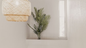 Un interior blanco con una lámpara colgante de ratán, una planta en maceta y una puerta con ventanal.