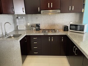 Réfrigérateur, micro-ondes, plaque de cuisson, cafetière/bouilloire
