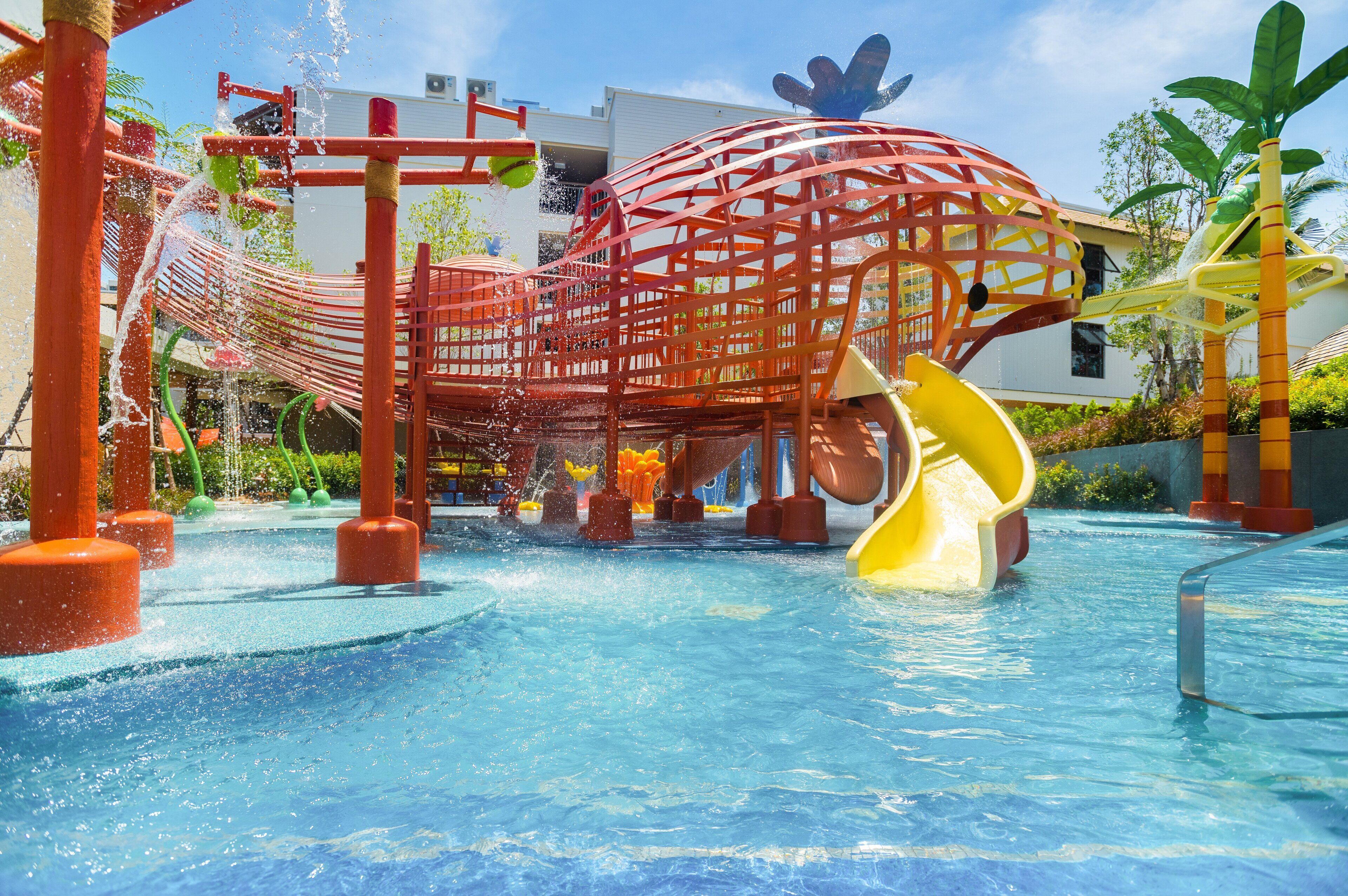 A water park with slides and water features.