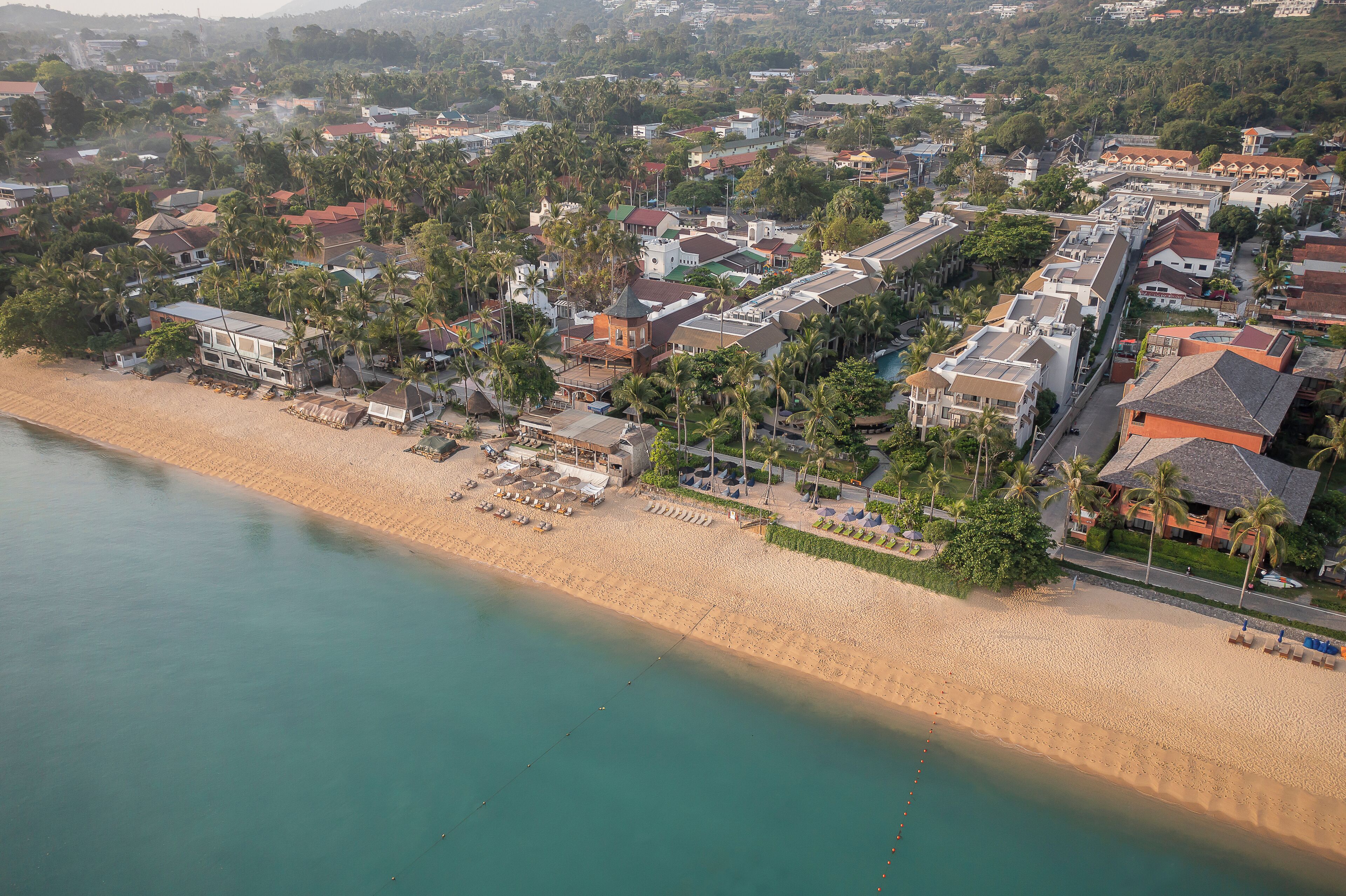 An aerial view of a coastal area with a sandy beach, residential buildings, and palm trees.