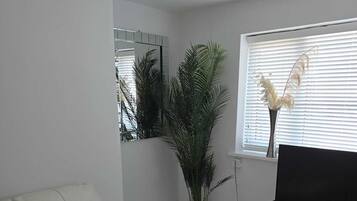 A modern living room with a white sofa, a large potted plant, a flat-screen TV on a white stand, and a window with blinds.