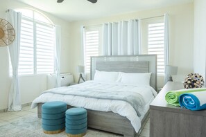 4 bedrooms, desk, iron/ironing board, travel cot