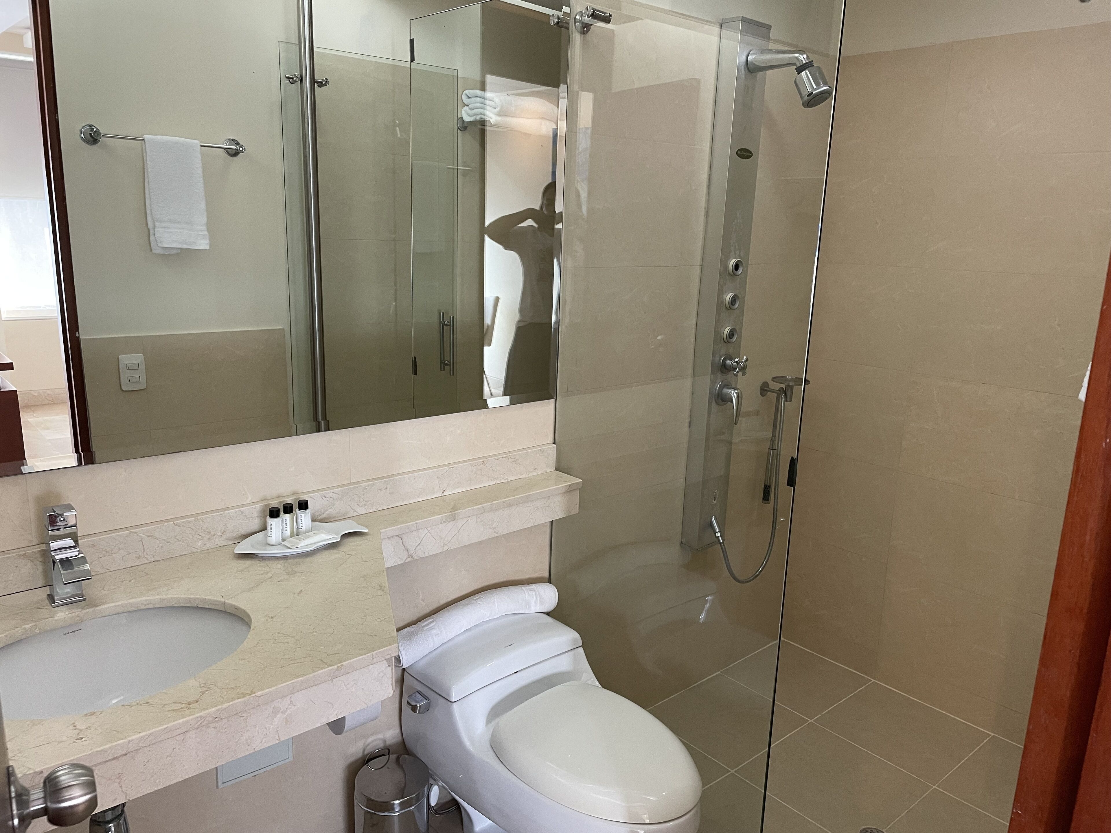 A modern bathroom with a glass-enclosed shower, a toilet, and a sink with a mirror above it.
