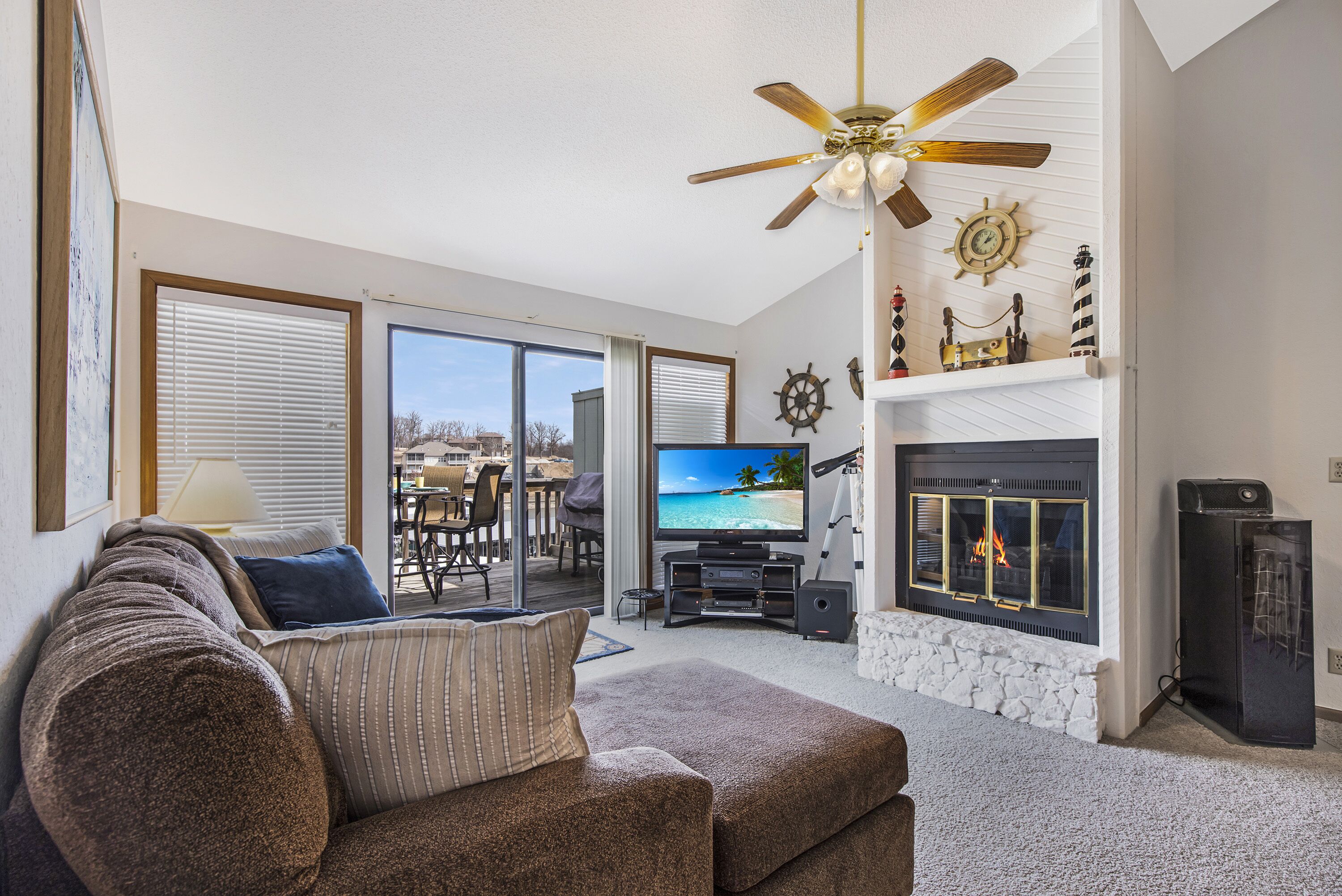 Smart TV, fireplace, books