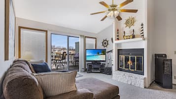 Smart TV, fireplace, books