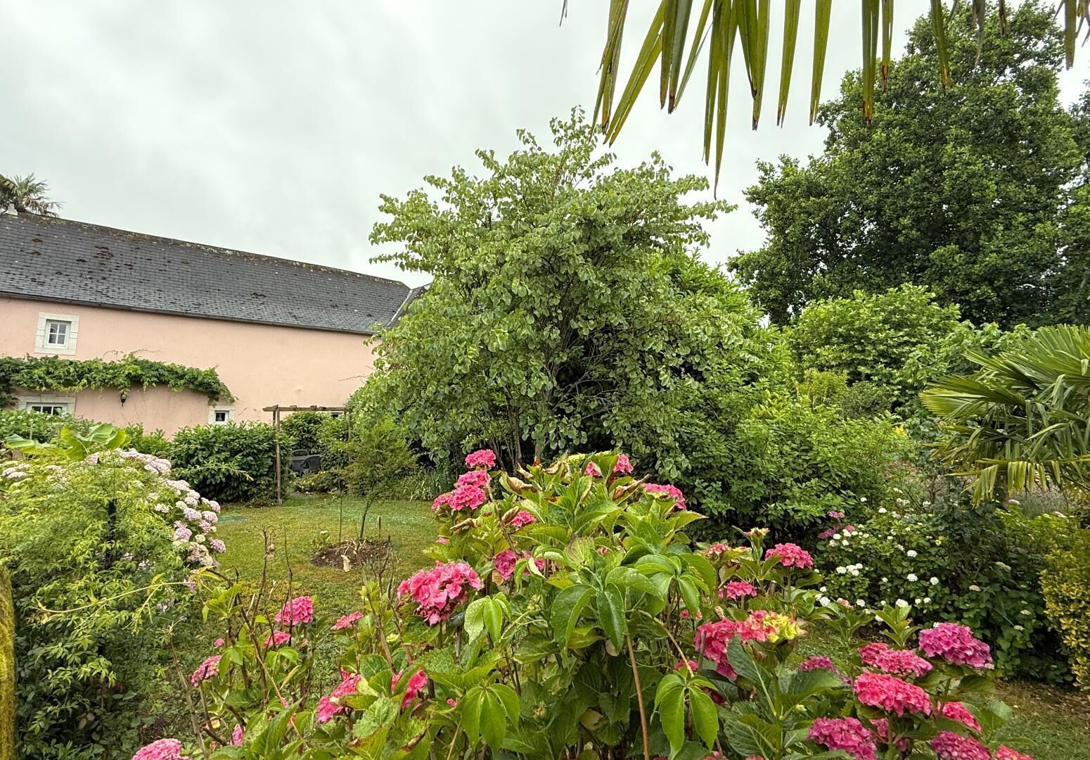 A house with a garden, including pink flowers and green foliage.
