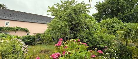 A house with a garden, including pink flowers and green foliage.