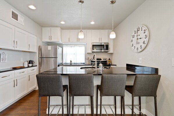 Fridge, microwave, oven, stovetop