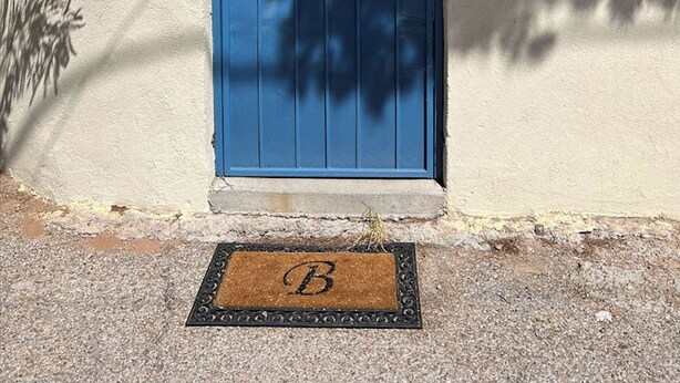 A blue door with a keyhole, a mailbox, and a house number 423 B.
