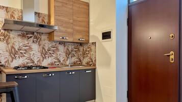 Fridge, stovetop, electric kettle, toaster