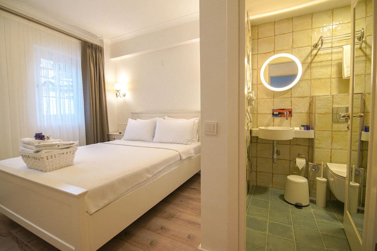 Habitación de hotel con cama, baño con lavamanos, inodoro y ducha.