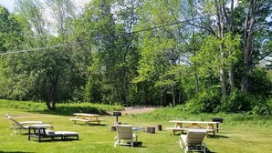 A grassy outdoor area with picnic tables and lounge chairs.