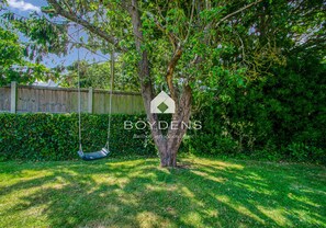 A tree with a swing, a wooden fence, and a hedge in a backyard.