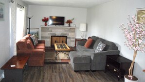 Una sala de estar con chimenea, televisor y dos sofás.