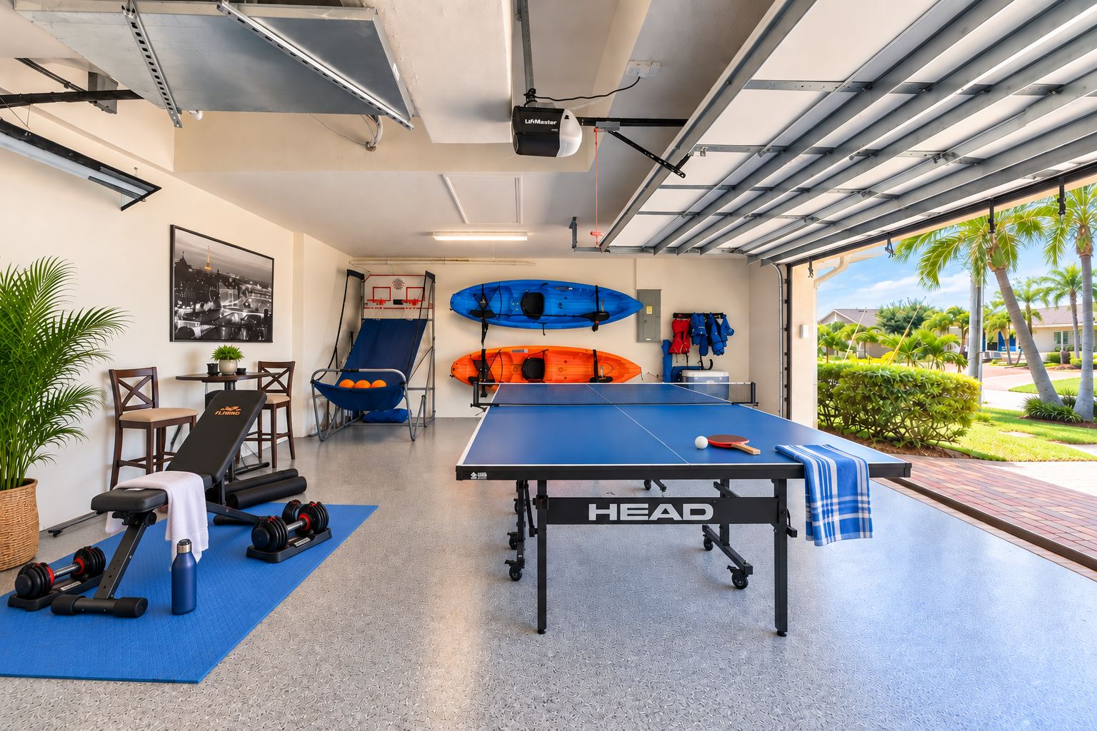 Un gimnasio con mesa de ping pong, equipo de ejercicio y kayaks.