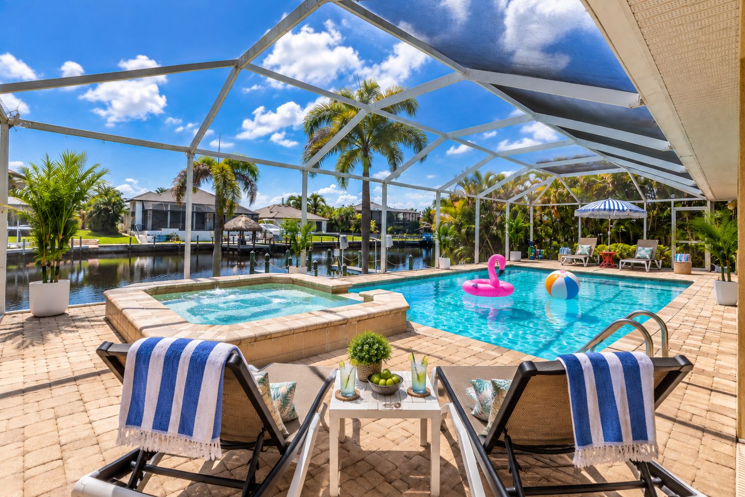 A pool area with lounge chairs, a hot tub, and a view of a marina.