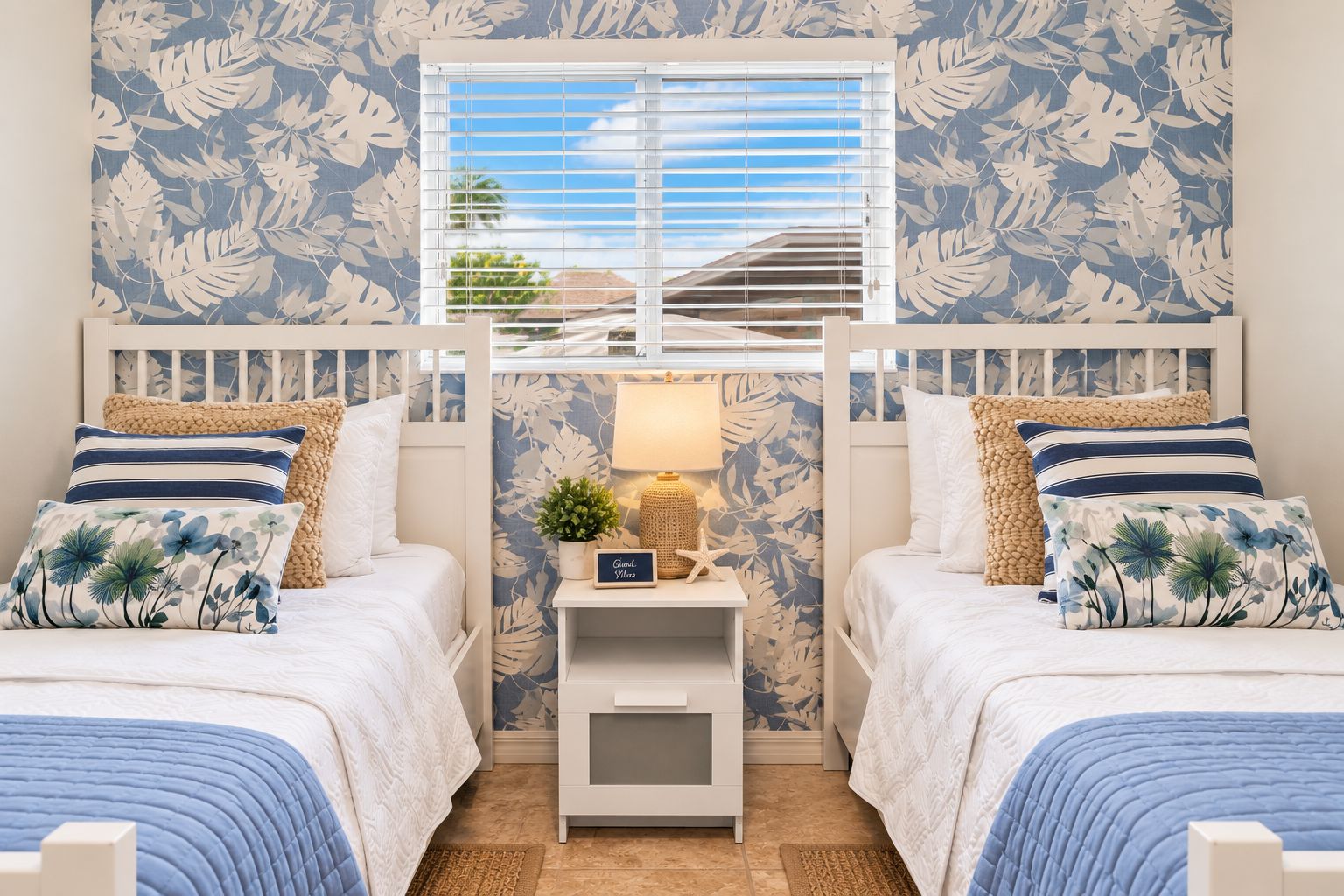 Un dormitorio con dos camas, una mesita de noche con lámpara y una ventana con persianas.