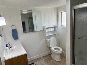 Combined shower/bathtub, hair dryer, towels, soap