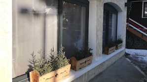 A building with large windows and wooden planters with greenery on the ledge. - Charming 1-bed for 4 pers with Sauna, WiFi, and Private Parking (Valloire)