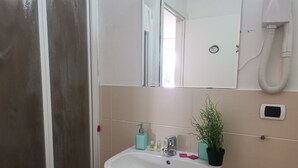 A bathroom with a white sink, a mirror, a hairdryer, and a potted plant.