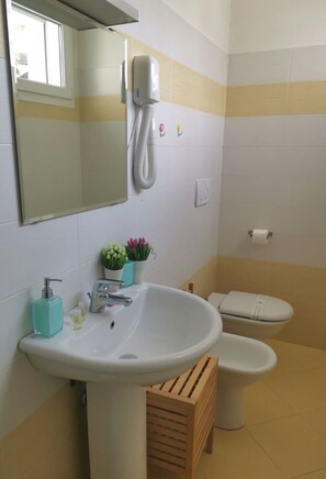 Douche, séchoir à cheveux, bidet, serviettes fournies