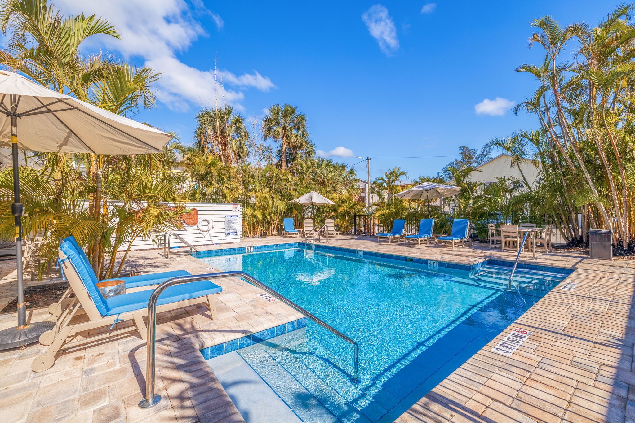 A swimming pool with lounge chairs and umbrellas, surrounded by palm trees and a clear sky.