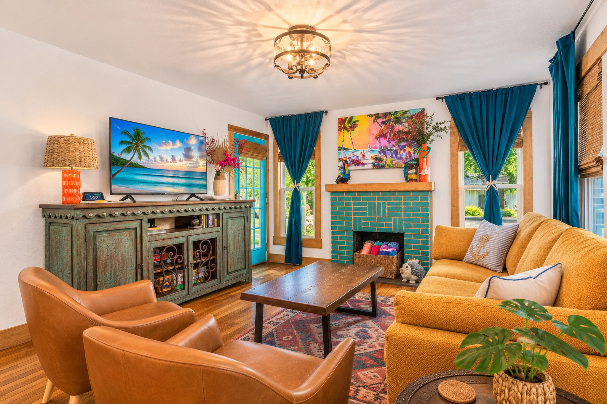 Una sala de estar con televisor, sofá, sillones, chimenea y un aparador decorativo.