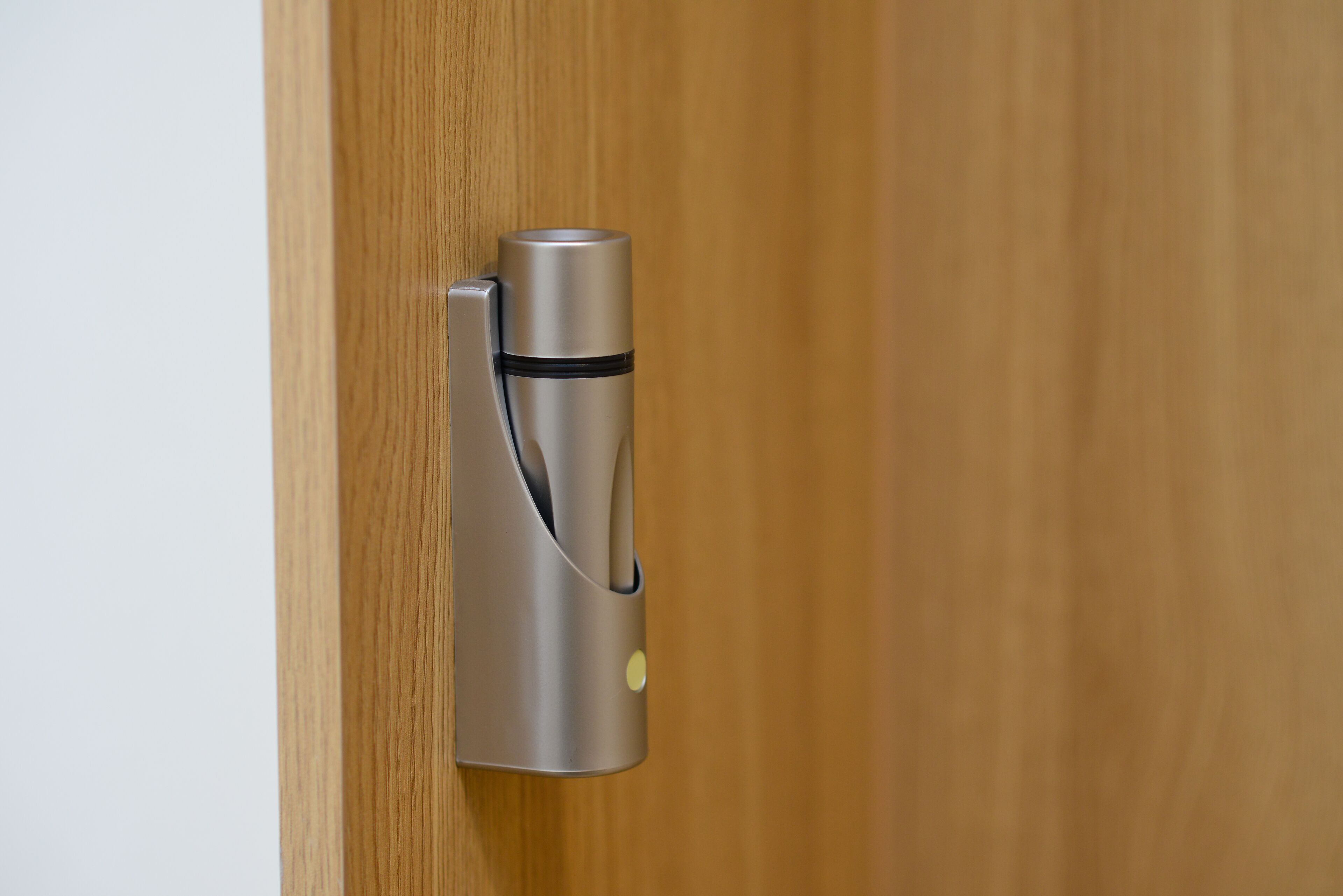 A metallic door handle with a lever mechanism.