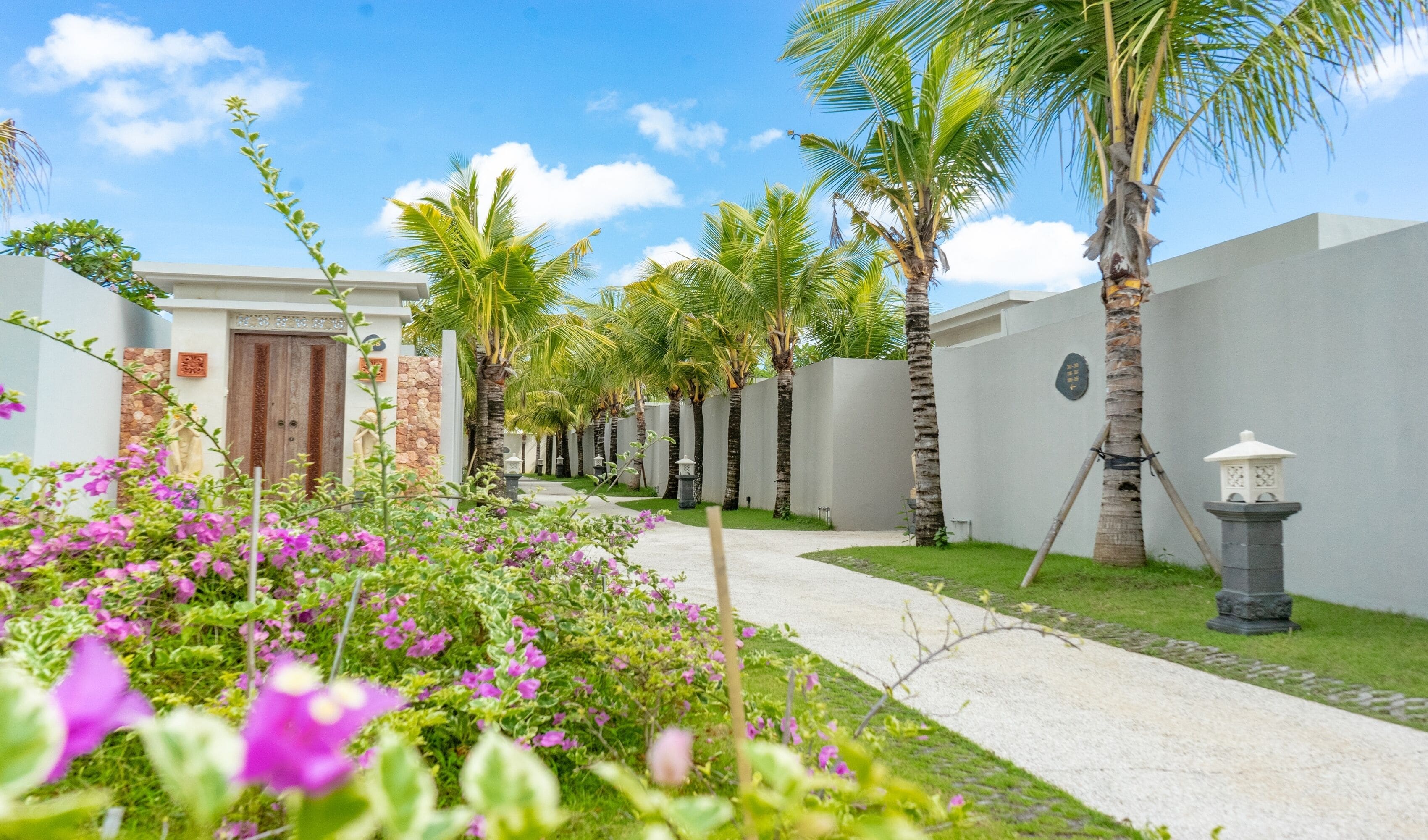 A pathway lined with palm trees and purple flowers, leading to a building with a stone wall and a wooden door.