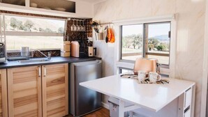A compact kitchen with wooden cabinets, a built-in refrigerator, and a window overlooking a scenic landscape.