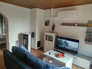 TV connectée, cheminée, livres