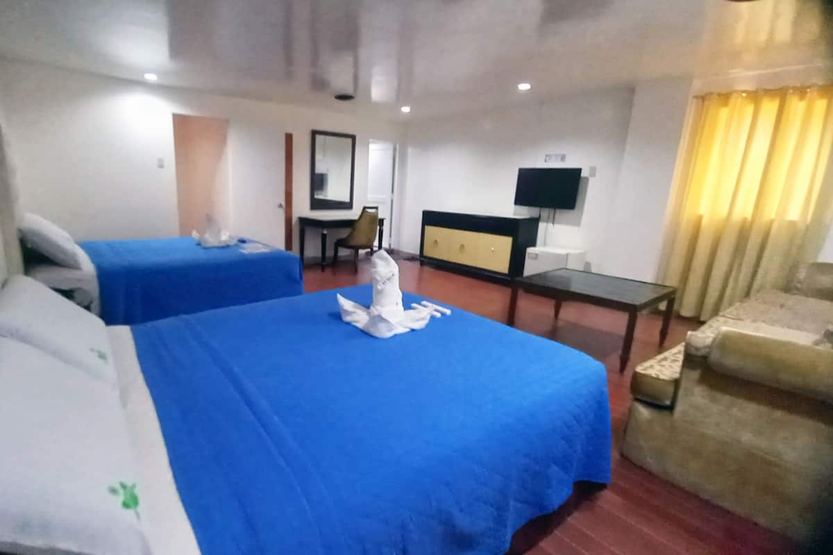 A hotel room with two beds, a desk, a chair, a television, and a sofa.