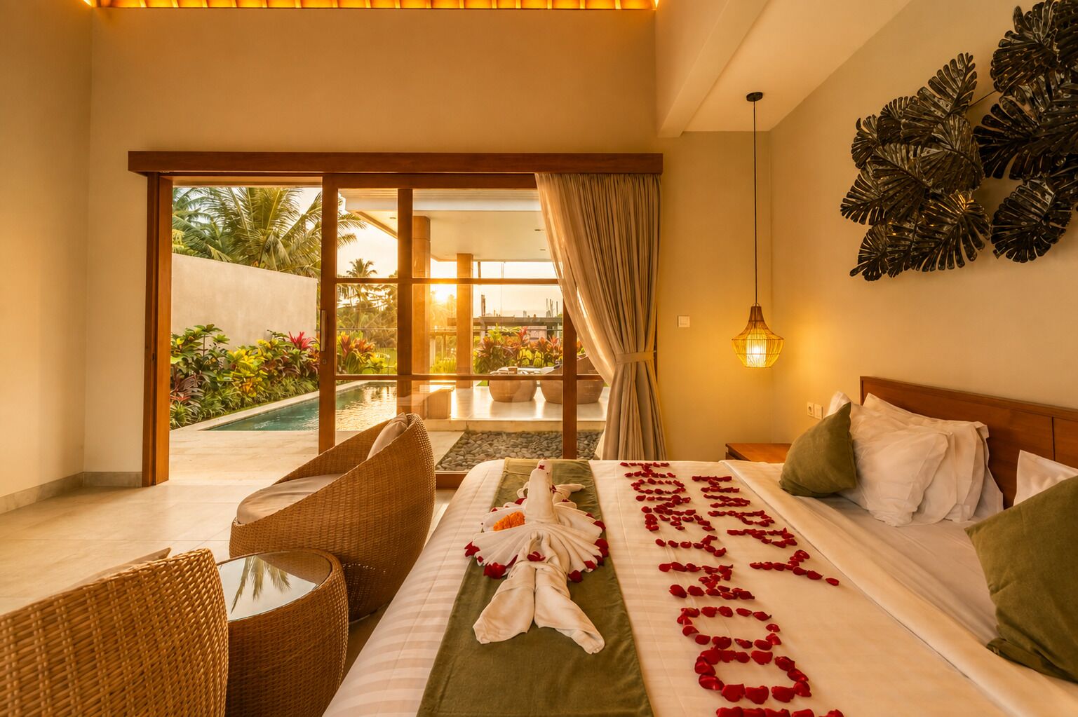 A hotel room with a bed, a view of a pool, and a balcony.