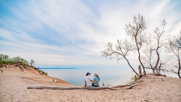 Un couple est assis sur une bûche, près d’une plage, sous un ciel dégagé et sur une eau calme.