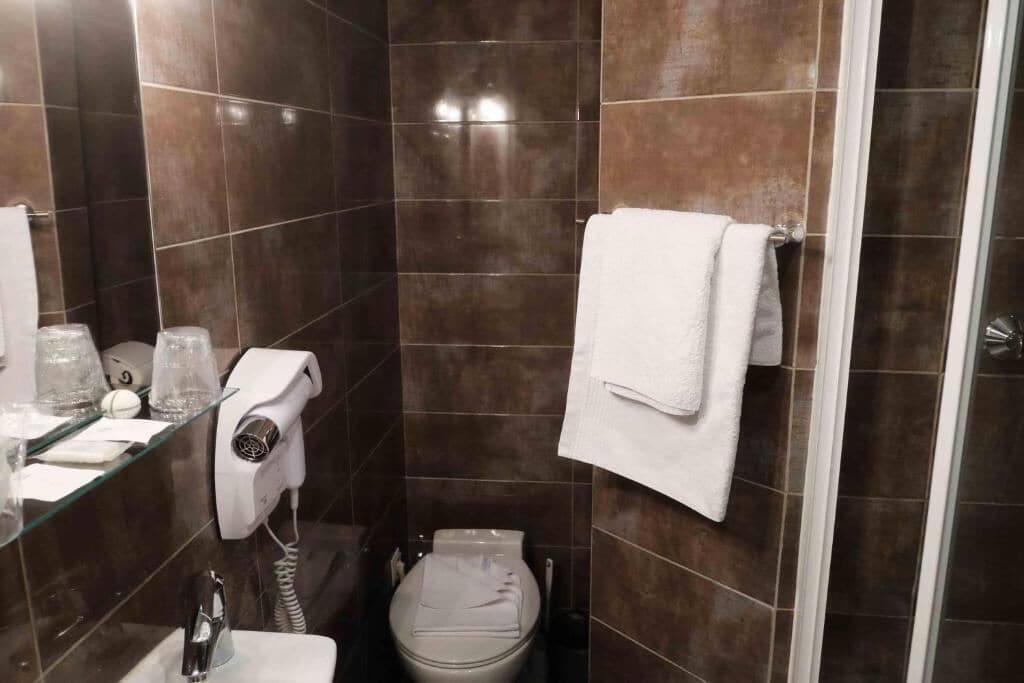 Une petite salle de bain avec des toilettes blanches, une étagère en verre où sont posés des articles de toilette et une serviette blanche accrochée au mur.