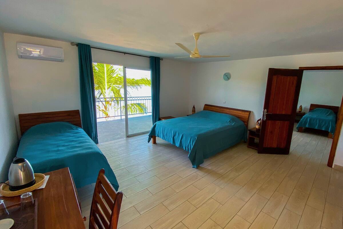 Ein Hotelzimmer mit zwei Betten, einem Deckenventilator, einer Klimaanlage, einem Balkon mit Blick auf Palmen und einem Holztisch mit Wasserkocher.