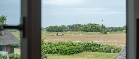 A view through a window of a rural landscape with a thatched-roof building, a field, and a distant tower.
