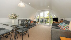 Un vaste espace de vie comprenant une table en verre, des canapés gris et un téléviseur posé sur un meuble en bois.