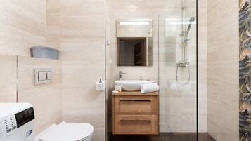 Shower, hair dryer, towels, shampoo