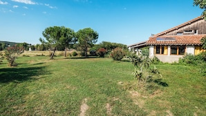 A house with a tiled roof, a garden with grass and trees, and a clear blue sky.