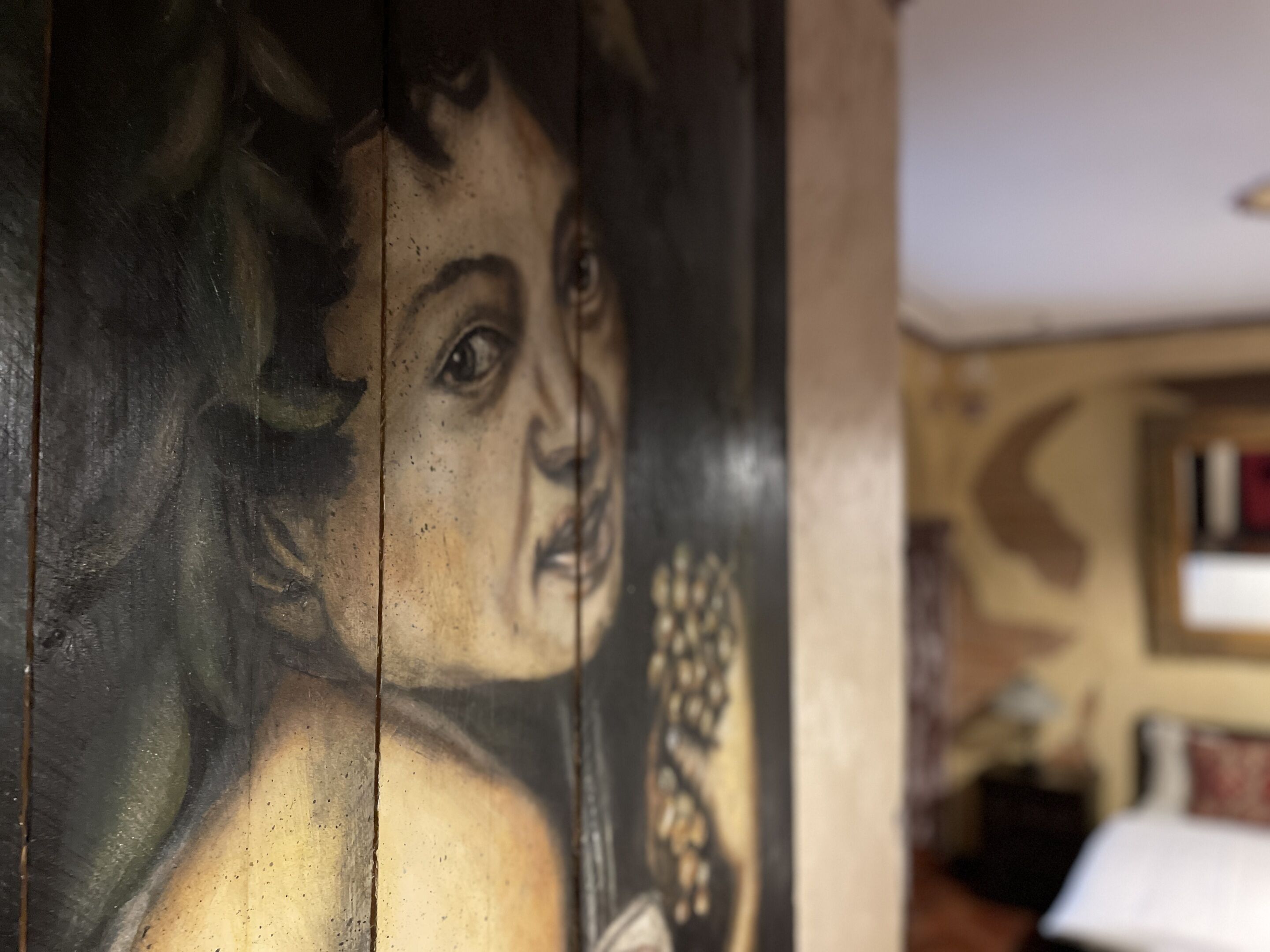A close-up of a wall with a mural.