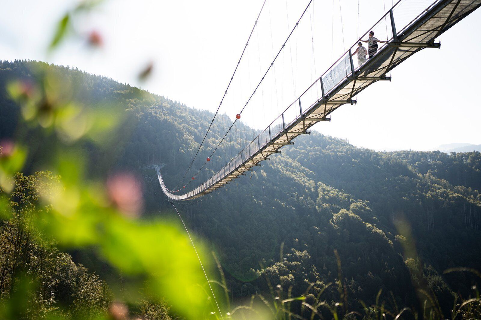 Un puente colgante con una pasarela peatonal.