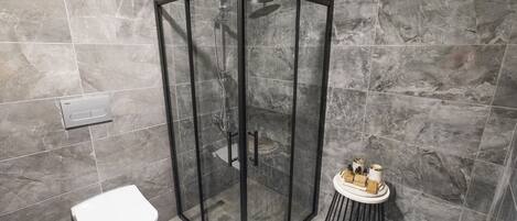 A modern bathroom with a glass-enclosed shower, a white toilet, and a small vanity with toiletries.