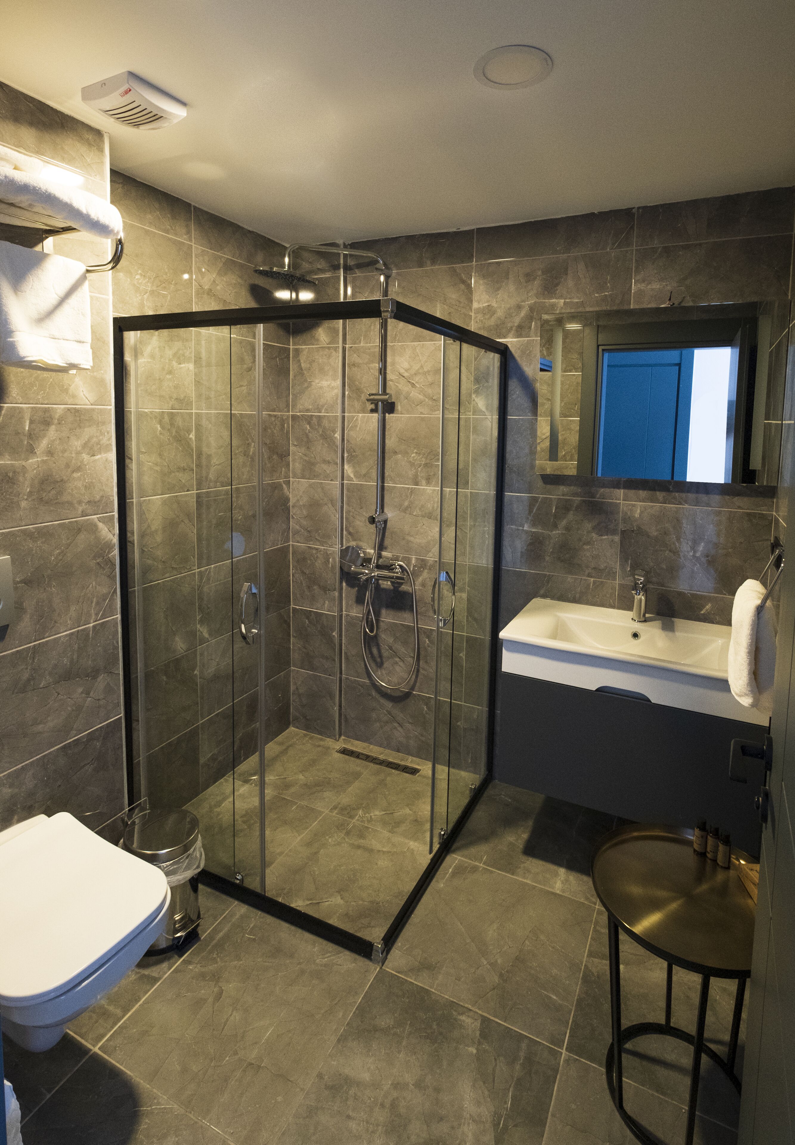 Moderni kylpyhuone, jossa on lasiseinällä varustettu suihku, valkoinen pesuallas ja wc-istuin.