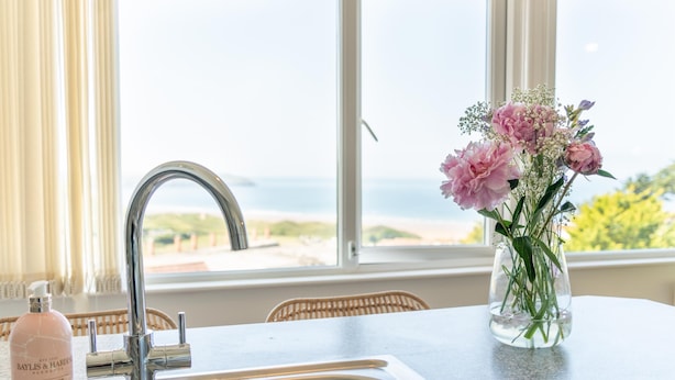 A kitchen with a stainless steel sink, a bottle of Baylis & Harnett lotion, and a vase with flowers on the counter. - Higher Upover (Woolacombe)